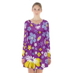 Floral-purple Yellow Long Sleeve Velvet V-neck Dress