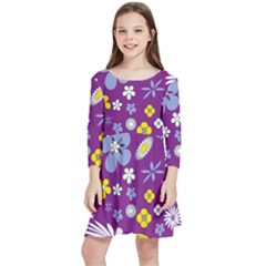 Floral-purple Yellow Kids  Quarter Sleeve Skater Dress by nateshop