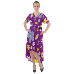 Floral-purple Yellow Front Wrap High Low Dress by nateshop