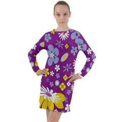 Floral-purple Yellow Long Sleeve Hoodie Dress by nateshop