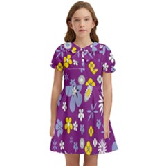 Floral-purple Yellow Kids  Bow Tie Puff Sleeve Dress by nateshop