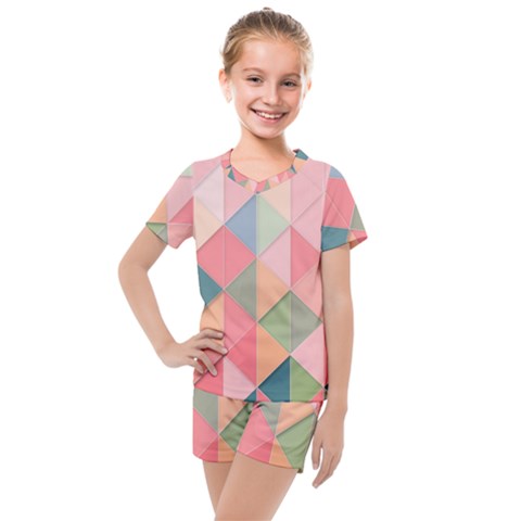 Illustration Pink Background Geometric Triangle Kids  Mesh Tee And Shorts Set by Wegoenart