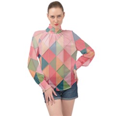 Illustration Pink Background Geometric Triangle High Neck Long Sleeve Chiffon Top by Wegoenart