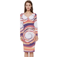 Illustration Colorful Yellow Purple Orange Long Sleeve V-neck Bodycon Dress  by Wegoenart