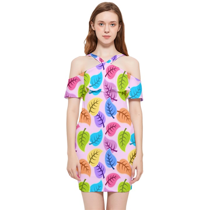 Pattern Illustration Background Abstract Leaves To Dye Shoulder Frill Bodycon Summer Dress