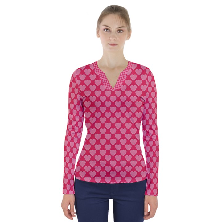 Valentine Lobe Hearts Background Seamless Tile V-Neck Long Sleeve Top