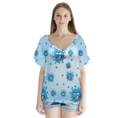 Illustration Virus Pattern V-neck Flutter Sleeve Top by Wegoenart