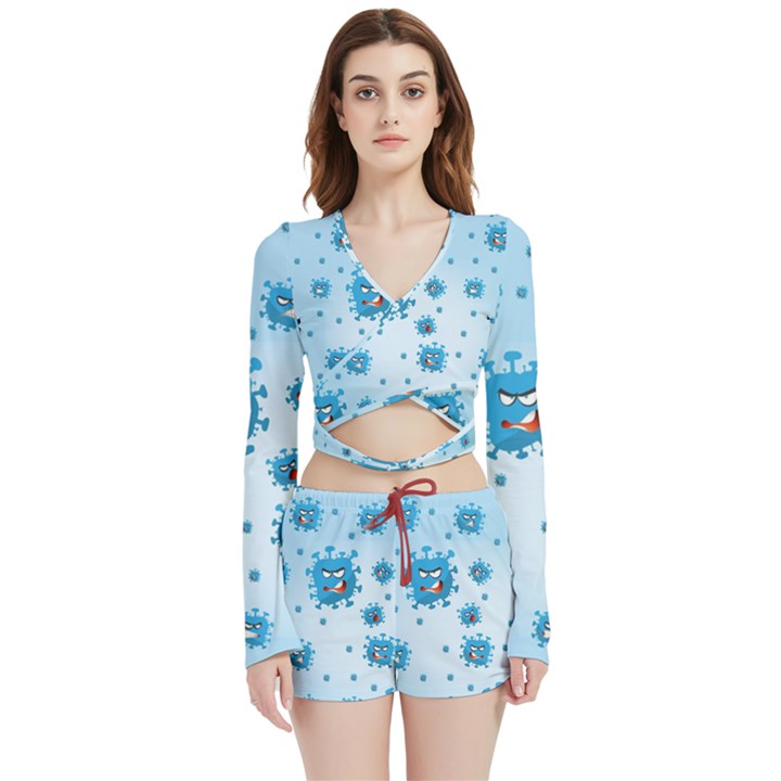 Illustration Virus Pattern Velvet Wrap Crop Top and Shorts Set