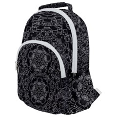 Illustration Black White Rosette Mandala Ornament Wallpaper Rounded Multi Pocket Backpack by Wegoenart