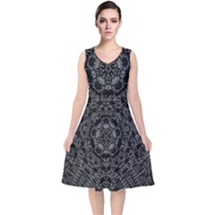 Illustration Black White Rosette Mandala Ornament Wallpaper V-neck Midi Sleeveless Dress  by Wegoenart