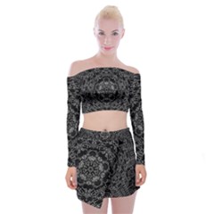 Illustration Black White Rosette Mandala Ornament Wallpaper Off Shoulder Top With Mini Skirt Set by Wegoenart