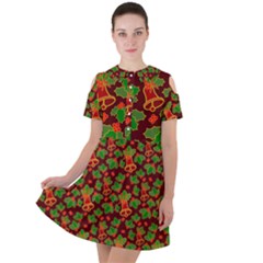 Illustration Christmas Xmas Pattern Short Sleeve Shoulder Cut Out Dress  by Wegoenart