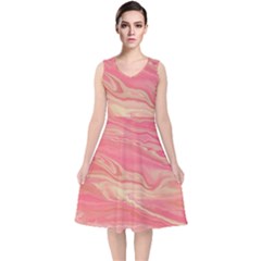 Illustration Graphic Pattern Texrure Pink Maeble V-neck Midi Sleeveless Dress  by Wegoenart