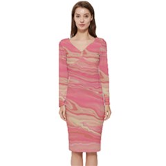 Illustration Graphic Pattern Texrure Pink Maeble Long Sleeve V-neck Bodycon Dress  by Wegoenart