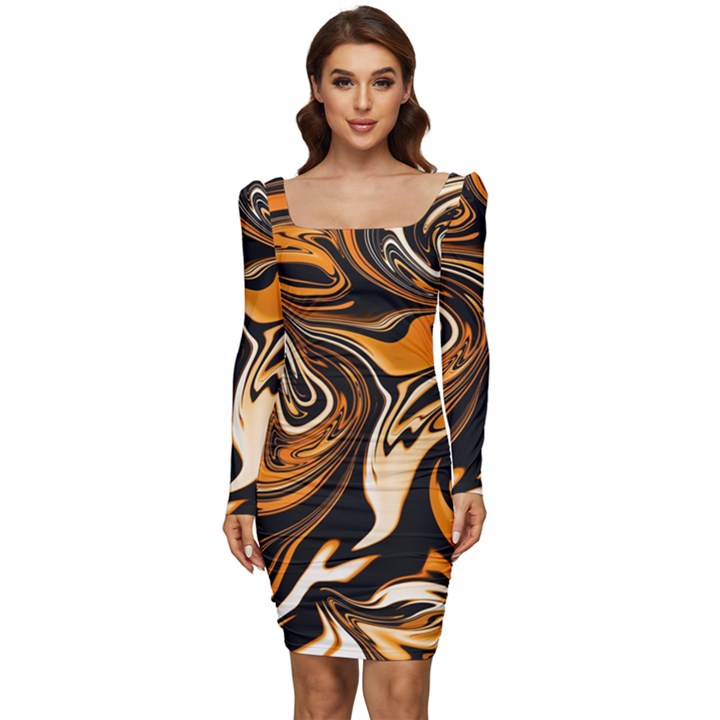 Illustration Abstract Pattern Modern Art Design Fantasy Surreal Women Long Sleeve Ruched Stretch Jersey Dress