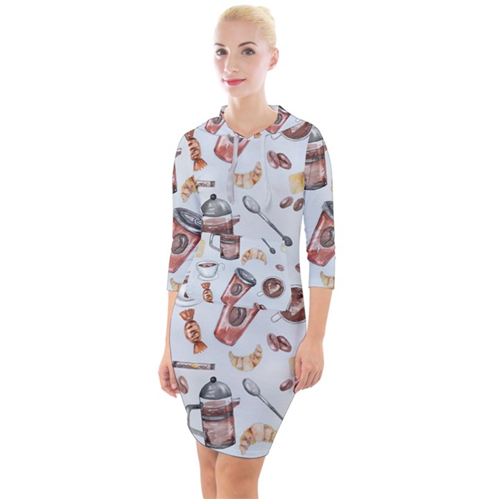 Coffee Coffeemania Caffeine Pattern Quarter Sleeve Hood Bodycon Dress