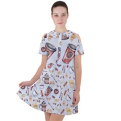 Coffee Coffeemania Caffeine Pattern Short Sleeve Shoulder Cut Out Dress  by Wegoenart