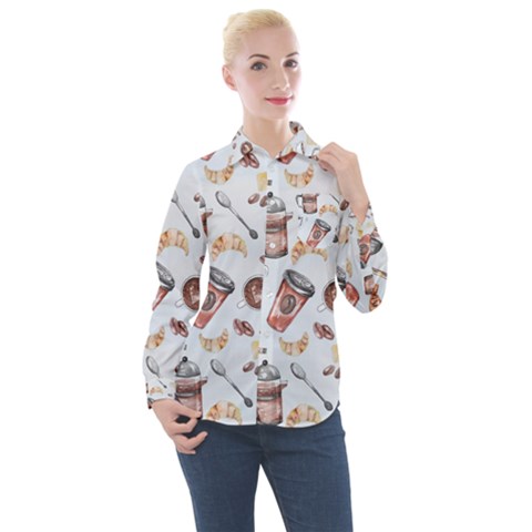 Coffee Coffeemania Caffeine Pattern Women s Long Sleeve Pocket Shirt by Wegoenart