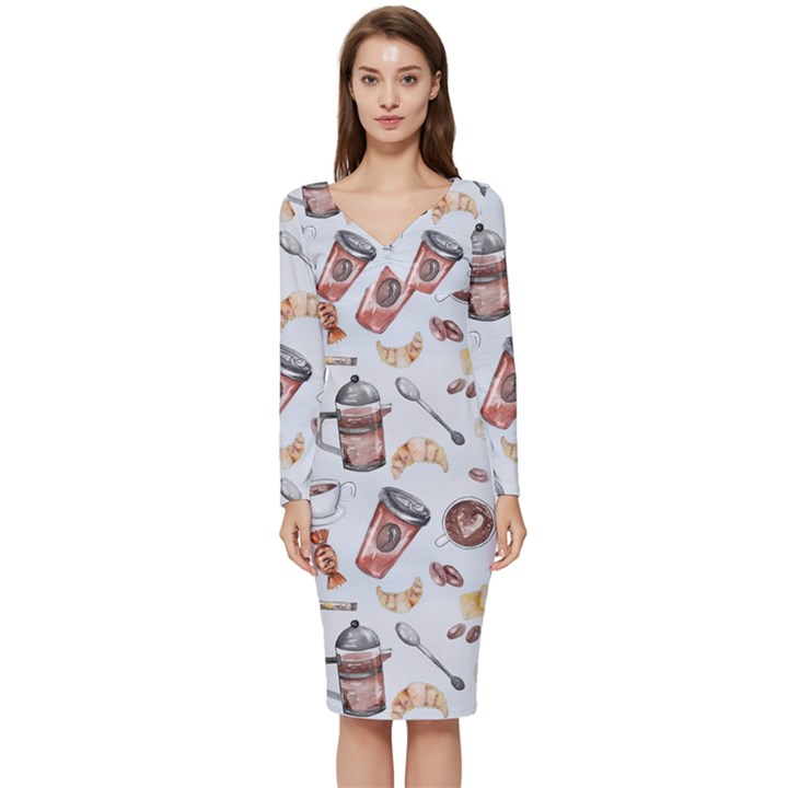 Coffee Coffeemania Caffeine Pattern Long Sleeve V-Neck Bodycon Dress 