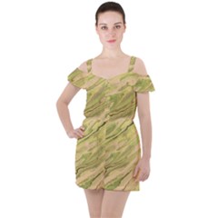 Green Pattern Texture Marble Ruffle Cut Out Chiffon Playsuit by Wegoenart