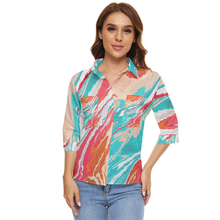 Stone Marble Texturw Pattern Women s Quarter Sleeve Pocket Shirt