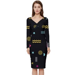 Illustration Geometric Art Colorful Shapes Long Sleeve V-neck Bodycon Dress  by Wegoenart