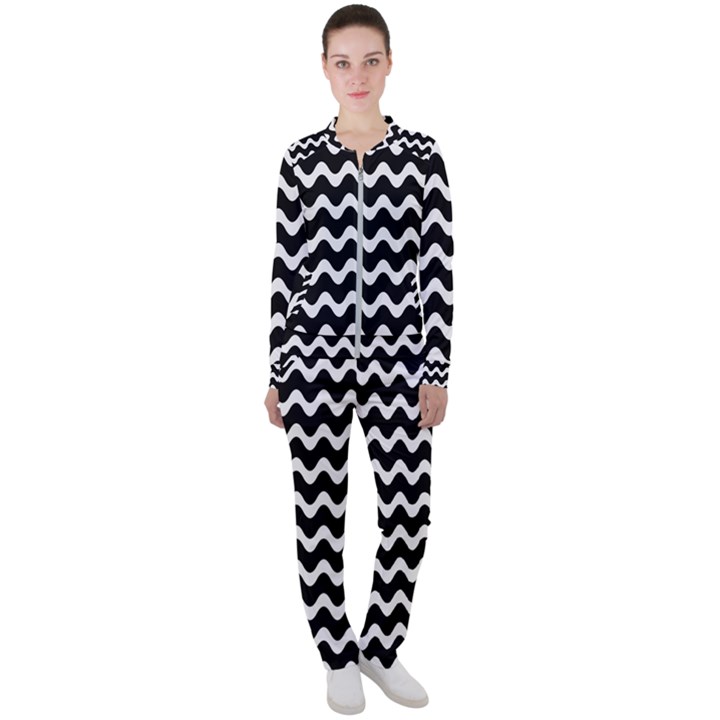 Illustration Black White Wave Pattern Wavy Halftone Casual Jacket and Pants Set