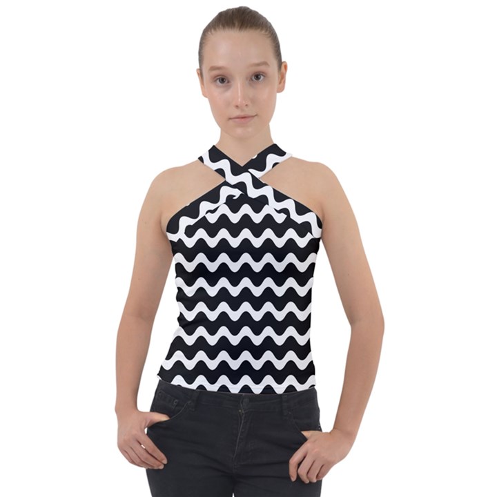 Illustration Black White Wave Pattern Wavy Halftone Cross Neck Velour Top