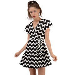 Illustration Black White Wave Pattern Wavy Halftone Flutter Sleeve Wrap Dress by Wegoenart