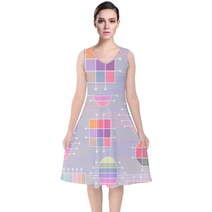 Illustration Pastel Shape Geometric V-Neck Midi Sleeveless Dress 