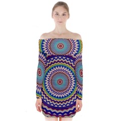 Illustration Kaleidoscope Geometric Circles Long Sleeve Off Shoulder Dress by Wegoenart