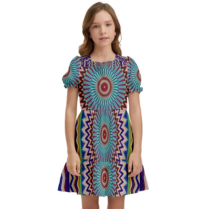 Illustration Kaleidoscope Geometric Circles Kids  Puff Sleeved Dress