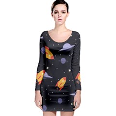 Cosmos Rocket Spaceships Ufo Long Sleeve Bodycon Dress by Wegoenart