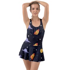 Cosmos Rocket Spaceships Ufo Ruffle Top Dress Swimsuit by Wegoenart