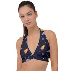 Cosmos Rocket Spaceships Ufo Halter Plunge Bikini Top by Wegoenart