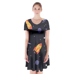 Cosmos Rocket Spaceships Ufo Short Sleeve V-neck Flare Dress by Wegoenart