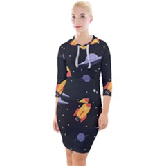 Cosmos Rocket Spaceships Ufo Quarter Sleeve Hood Bodycon Dress by Wegoenart