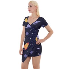 Cosmos Rocket Spaceships Ufo Short Sleeve Asymmetric Mini Dress by Wegoenart