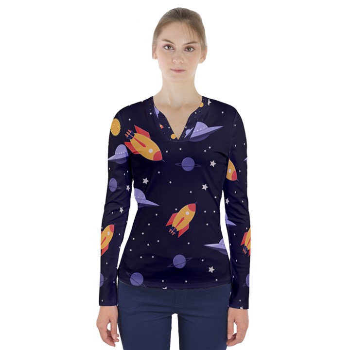 Cosmos Rocket Spaceships Ufo V-Neck Long Sleeve Top