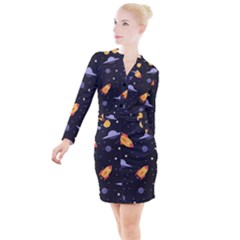 Cosmos Rocket Spaceships Ufo Button Long Sleeve Dress by Wegoenart