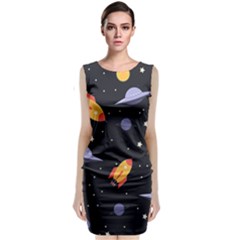 Cosmos Rocket Spaceships Ufo Sleeveless Velvet Midi Dress by Wegoenart