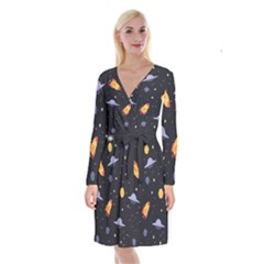 Cosmos Rocket Spaceships Ufo Long Sleeve Velvet Front Wrap Dress by Wegoenart