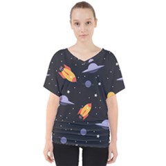 Cosmos Rocket Spaceships Ufo V-neck Dolman Drape Top by Wegoenart