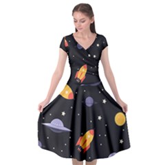 Cosmos Rocket Spaceships Ufo Cap Sleeve Wrap Front Dress by Wegoenart