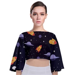 Cosmos Rocket Spaceships Ufo Tie Back Butterfly Sleeve Chiffon Top by Wegoenart