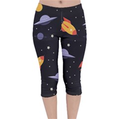 Cosmos Rocket Spaceships Ufo Velvet Capri Leggings  by Wegoenart