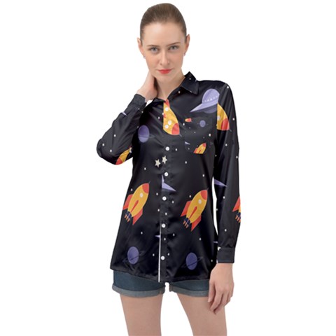 Cosmos Rocket Spaceships Ufo Long Sleeve Satin Shirt by Wegoenart