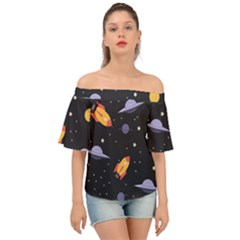 Cosmos Rocket Spaceships Ufo Off Shoulder Short Sleeve Top by Wegoenart