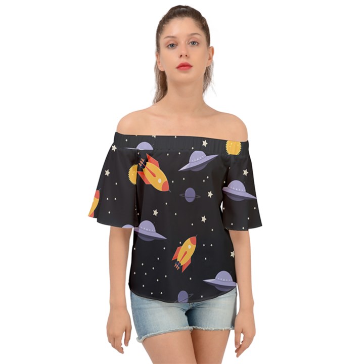 Cosmos Rocket Spaceships Ufo Off Shoulder Short Sleeve Top