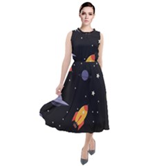 Cosmos Rocket Spaceships Ufo Round Neck Boho Dress by Wegoenart